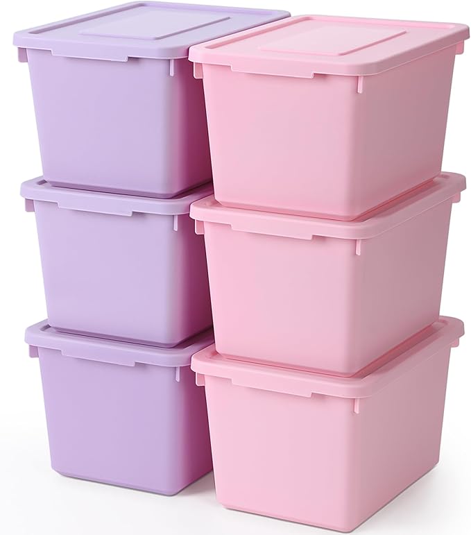 Potchen 6 Pack Cute Plastic Storage Bins with Lids Decorative Stackable Storage Boxes 9.8 ×7.3 ×5.7 Small Storing Totes for Organizing Craft Office Supplies (PinkPurple)