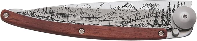 deejo - 37G Folding Pocket Knife with Belt Clip - Mountain Design 3.7-Inch Stainless Steel Blade Coral Wood Handle - Lightweight Everyday Carry for Home Work and Outdoor Use