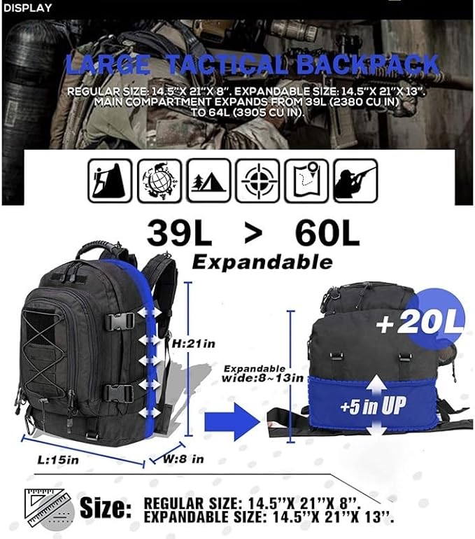 Extra Large 60L Tactical Backpack for Men Women Outdoor Water Resistant Hiking Travel Laptop Bag(OD)