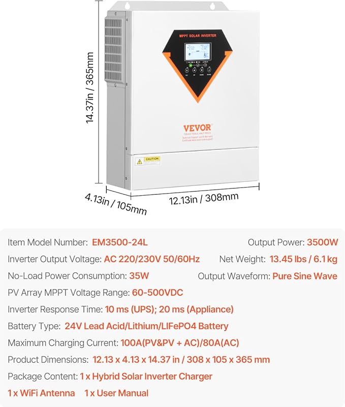 VEVOR Hybrid Solar Inverter 3500W Single Phase Pure Sine Wave Power Inverter 24V DC to 220/230V AC with Built-in 100A MPPT Solar Charge Controller for Off-Grid System Lead Acid Lithium Battery