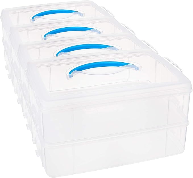 Snapware Snap 'N Stack Portable Storage Bin for Tools and Craft Storage 14.1 x 10.5-Inch Clear BPA-Free Container Tool Box with Stackable Trays Microwave Freezer and Dishwasher Safe (Pack of 4)