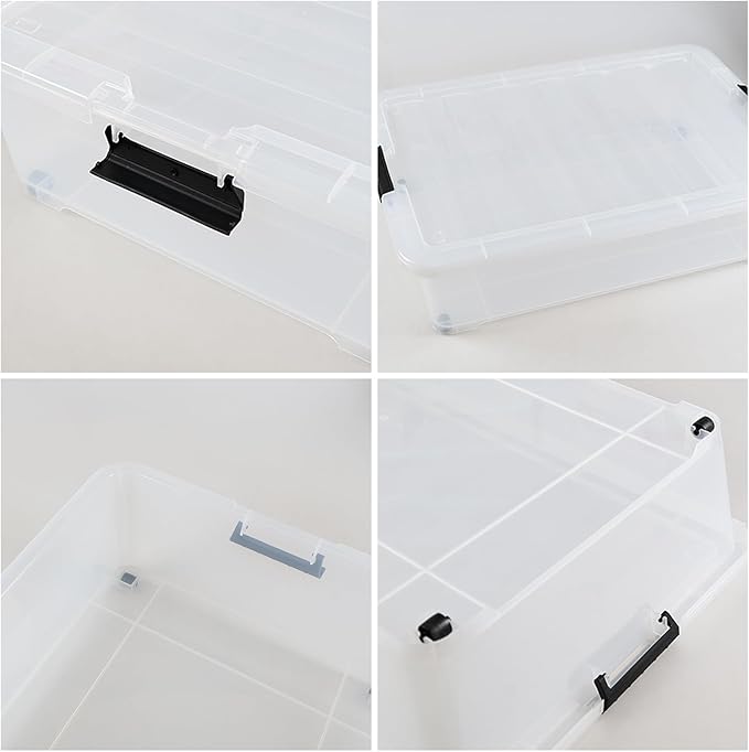 Gloreen 3 Pack Large Under Bed Storage Boxes with Wheels 50 Quart Clear Plastic Lidded Storage Bins