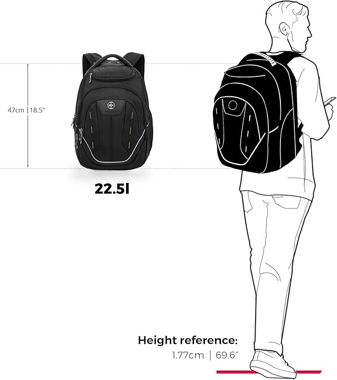 Swissdigital Design Large Travel Backpack For Men TSA-Friendly Business Laptop Backpack USB Charging PortRFID Protection Tech Backpack Fits 15.6Inch Laptop Black/Green | J16BTF-21
