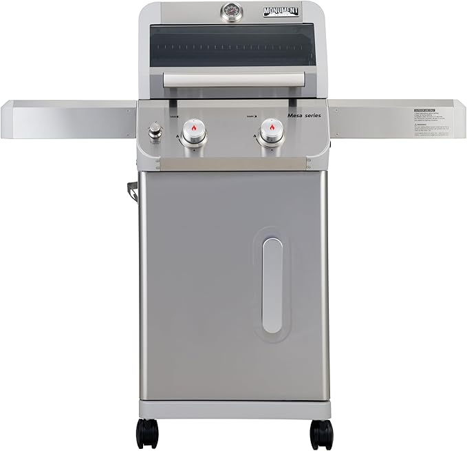 Monument Grills 2-Burner Stainless Steel Liquid Propane Gas Grill Two Foldable Shelves Patio Garden Barbecue Grill with Clearview® Lid Knob Control Mesa200S