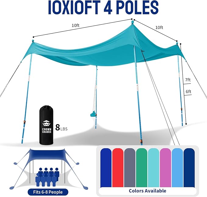 CROWN SHADES 10x10 Beach Tent Sun Shelter Easy Pop Up Beach Canopy Shade Portable Outdoor Carpas UPF50+ Includes 4 Poles Adjustable Aluminium Extra-Large Big Sand Shovel Turquoise