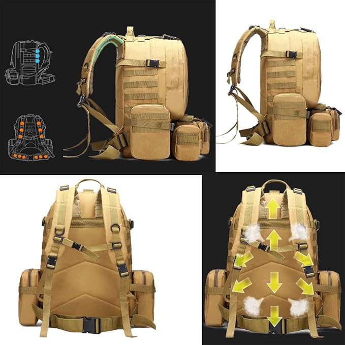 Tactical Backpack 55L with Built-up 3 MOLLE Bags Rucksacks for Travelling