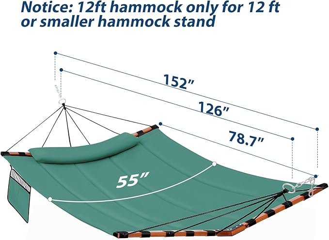 TegerDeger 12FT 2 Person Hammock Large Hammock 450LB Capacity with V Shaped Hardwood Spreader Bar &amp Nylon Rope for Outside Patio Garden Backyard Beach Poolside - Lake Blue