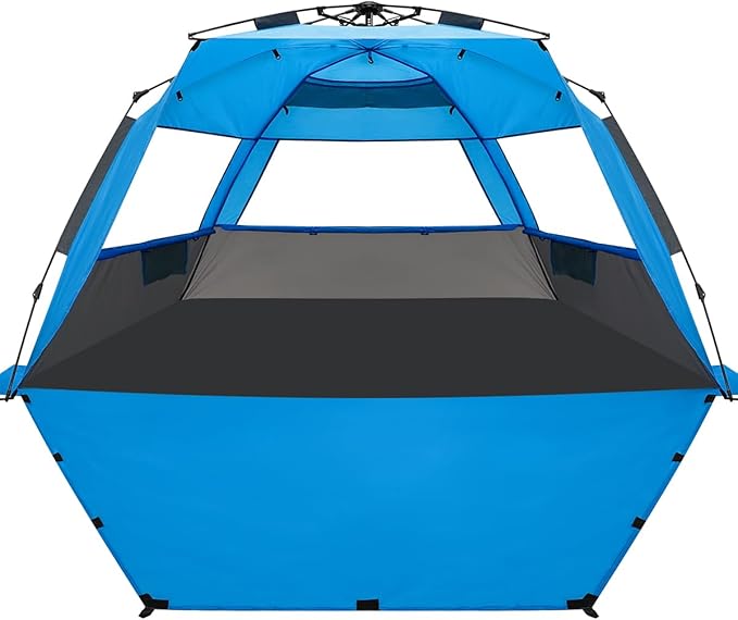 WhiteFang Deluxe Pop Up Beach Tent Sun Shade Shelter for 3-4/5-6 Person UV Protection Extendable Floor with 3 Ventilating Windows Plus Carrying Bag Stakes and Guy Lines