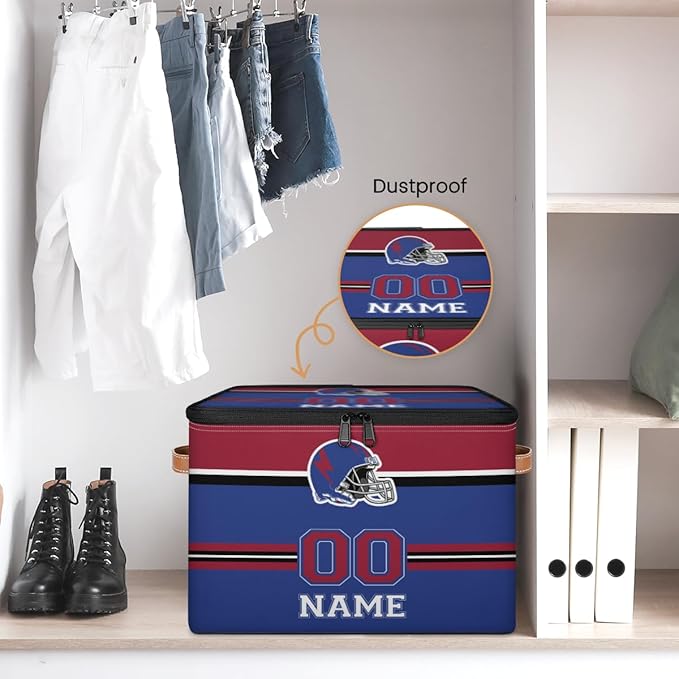 Custom Storage Bins with Zipper Lid Football Personalized Foldable Storage Baskets Closet Shelf Clothes Organizer Cube with PU Leather Handles