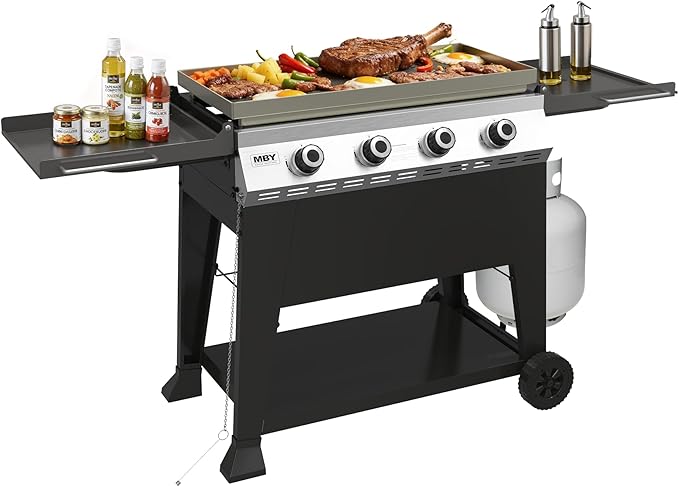 4-Burner Propane Gas Griddle 40000 BTU Outdoor Flat Top Propane Grill with 480 Sq In Cooking Area Rolling Wheels &amp Folding Side Shelves for Camping Tailgating &amp Backyard BBQ Black