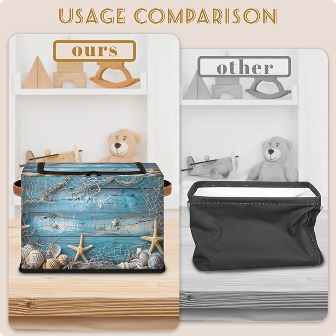 Beach Seashells Storage Bins with Zipper Lid Blue Wooden Fabric Lidded Storage Baskets Cubes with Handles Decorative Foldable Shelf Closet Organizer Container
