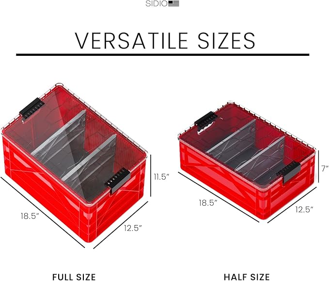 SIDIO CRATE Pro Pack - Two Full Size and One Half Size SidioCrate Stackable Outdoor Organizer Storage Bins with Clear Lid and Dividers