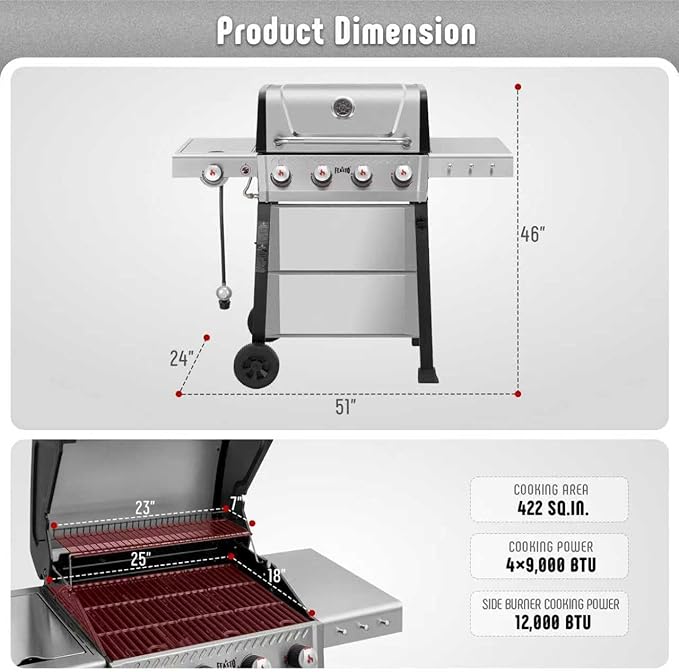 Feasto Propane Gas Grill 36000 BTU Outdoor Patio BBQ Porcelain-Enameled Cookbox &amp Porcelain-Enameled Cast-Iron Grates 559 Sq. In. Black (Black 4) (Stainless Steel)