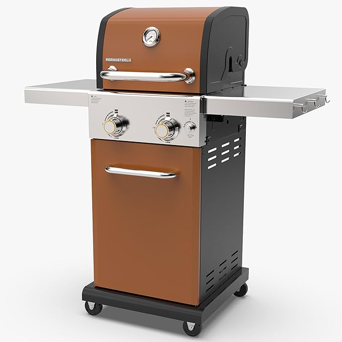 Permasteel 2-Burner Propane Gas Grill BBQ Grill with Foldable Side Tables &amp Tool Hooks Perfect for Outdoor Cooking Patio &amp Garden Copper
