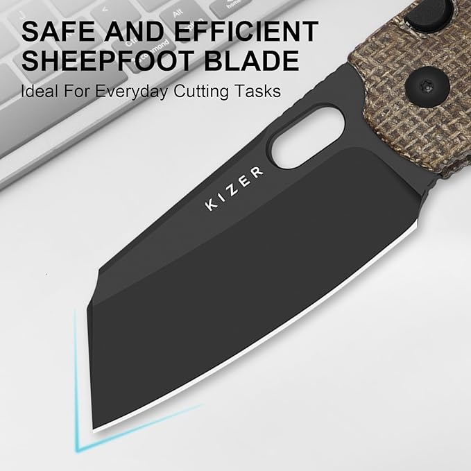Kizer C01C 2.9 BS Sheepdog Pocket Knife 2.95 Elmax Sheepsfoot Blade Folding Knife with Brown Norplex UltreX™ Micarta Handle Small EDC Camping Survival Knives with Thumb Hole Ki3488.29BSA2