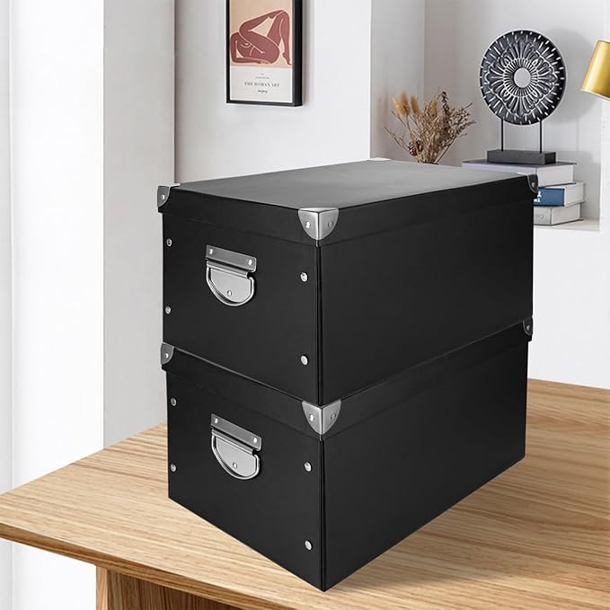 CertBuy 2 Pack Storage Box With Lid Folding Storage Box Black Decorative Cardboard Storage Boxes With Stainless Steel Carry Handle for ome Bedroom Closet Office