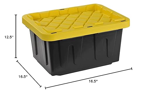 Juggernaut Storage 4 Pack Plastic Tote with Lid for Organization 5 Gallon Black/Yellow