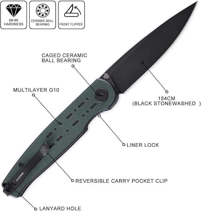 Petrified fish PFE07 Morse Pocket Knife3.31 154CM Black Stonewashed Blade 3oz G10 Handle Front Flipper Liner lock Folding knife (Green Black Stonewashed)