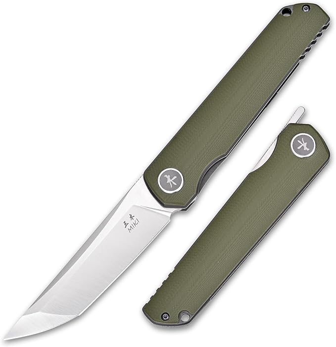 Miki Pocket Samurai Folding Knife G10 Handle Tanto w/ D2 Plain Blade Outdoor Camping Hiking Knife Fishing And Everyday Carry nique Tool Gift for EDC Men Women (Green)