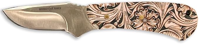 WHISKEY BENT HAT CO. Mini Skinner 440 Steel Fixed Blade Knife w/Leather Sheath (Tooled Leather)
