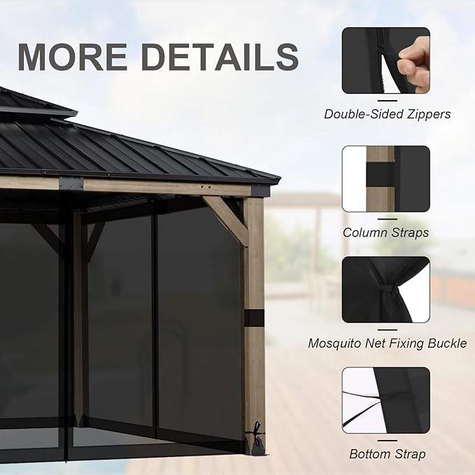 BPS 10' x 12' Gazebo Universal Mosquito Netting Screen Replacement 4-Panel Mesh Screen Walls with Double Zippers for Outdoor Patio Khaki (Mosquito Net Only)