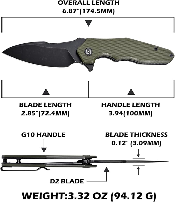 Hightron Mini Ventura Flipper Pocket Knife 2.85 D2 Blade and Ergonomic G10 Handle EDC Folding Knives for Camping Survival Hiking tool for Men Women (Green-B)