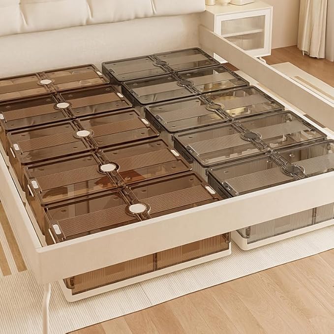 Stackable Closet Under Bed Organizers And Storage Box Multi-Purpose Storage Bins With Lids&amp Wheels Organizer Containers Large Plastic Folding Box For Clothes Shoes - Brown (Clear)