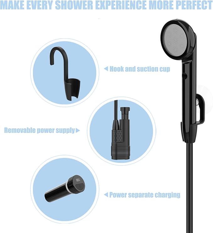 Portable shower camping shower outdoor shower with digital temperature display equipped with removable large capacity rechargeable batterySuitable for camping pet bathing