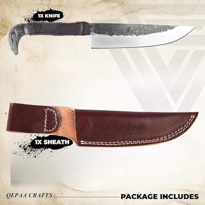 QEPAA CRAFTS® Odin's Raven Norse Viking-styled Knife 10.3 - Hand Forged 6.5 Carbon Steel Blade Raven's Head Hilt and Leather Sheath - Unique Medieval Seax Style - Norse Knife for Hunting &amp Camp