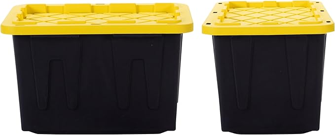 Plastic 23-Gallon Storage Tote with Lockable Lid Stackable Tough Regular-Duty Bin for Garage Tools and Home Organization (2-Pack) - Black and Yellow