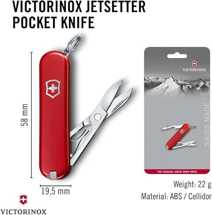 Victorinox Jetsetter Swiss Army Knife Compact 7 Function Swiss Made Pocket Knife with Scissors Magnetic Phillips Screwdriver and Key Ring – Red