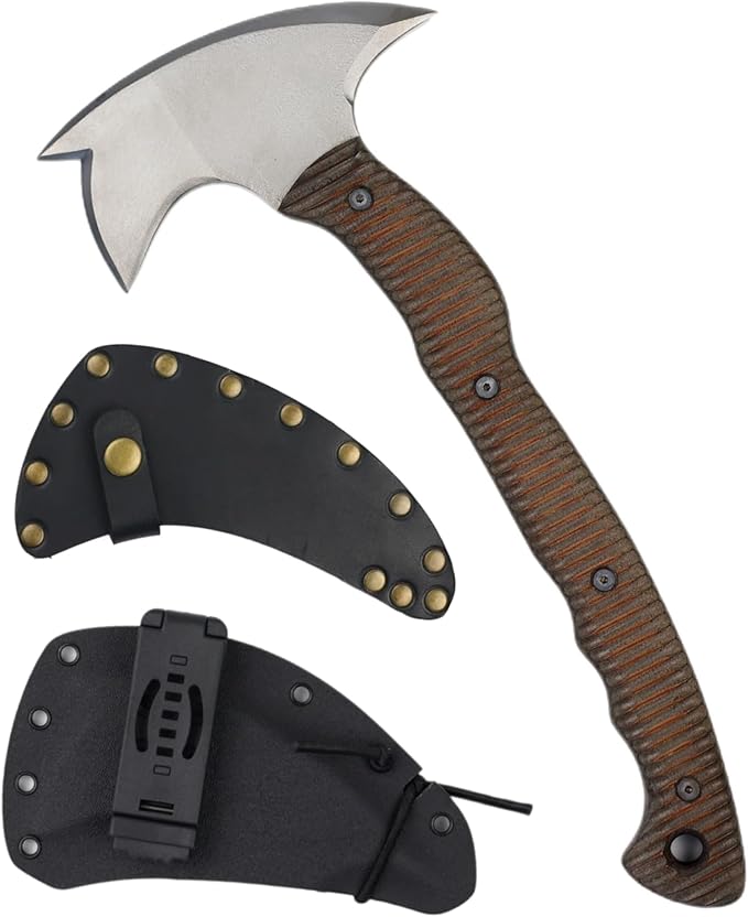 AncientSmithy Tactical Tomahawk Axe with Sheath Handmade Camping Hatchet for Survival (14.17 Three Spikes Hawk with Composite Handle)