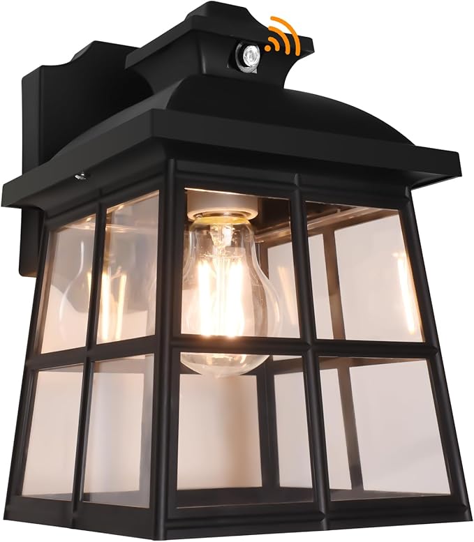 FUDESY Dusk to Dawn LED Outdoor Wall LanternWhite Plastic Photocell Sensor Porch Light with 8W 800LM Edison Filament BulbExterior Wall Mount Light Fixture for YardPatioGarage