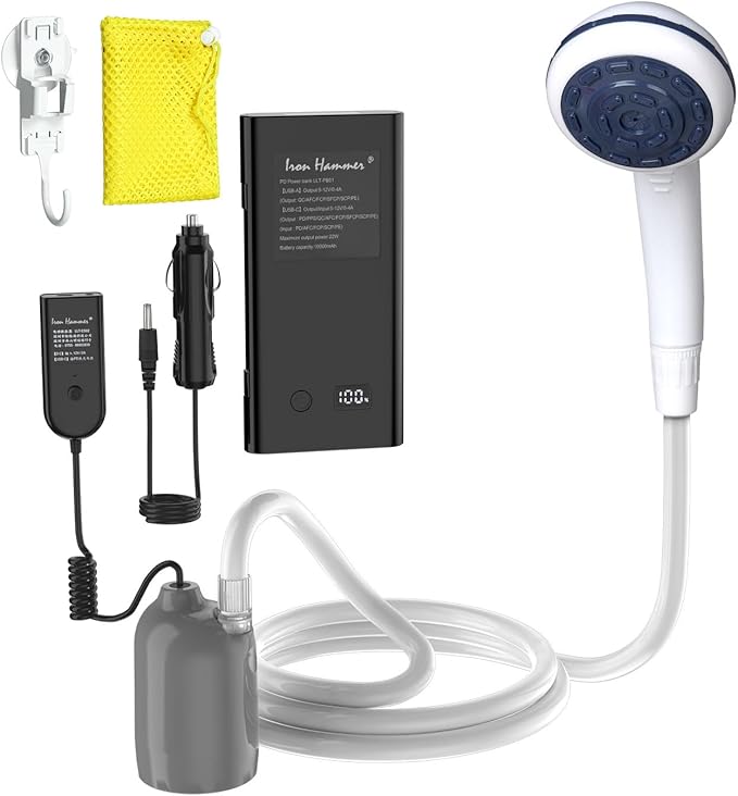 Portable 12V High Pressure Camp Shower Pump Compatible with Car Lighter Plug&ampPD fast charging portable power banks by USB-COutdoor Shower for CampingRV (Grey-Car Plug&ampPD Power bank)