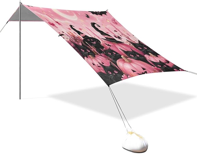 ALAZA Pink Pumpkins Black Cats Halloween Beach Tent Sun Shelter UPF50+ Protection Beach Shade Canopy w/ 4 Sandbags for Outdoor Camping Fishing Backyard Fun Picnic 10x9 ft