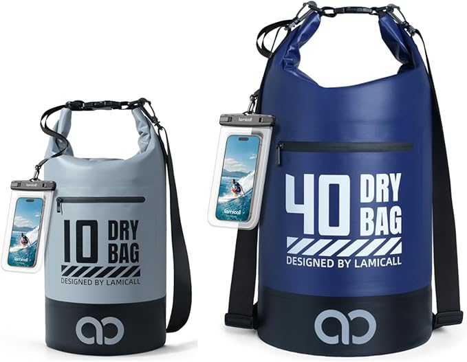 Lamicall 10L &amp 40L Dry Bag Waterproof Backpack - [Zippered Pocket] Roll Top Waterproof Bag Navy Blue &amp Lemon Yellow
