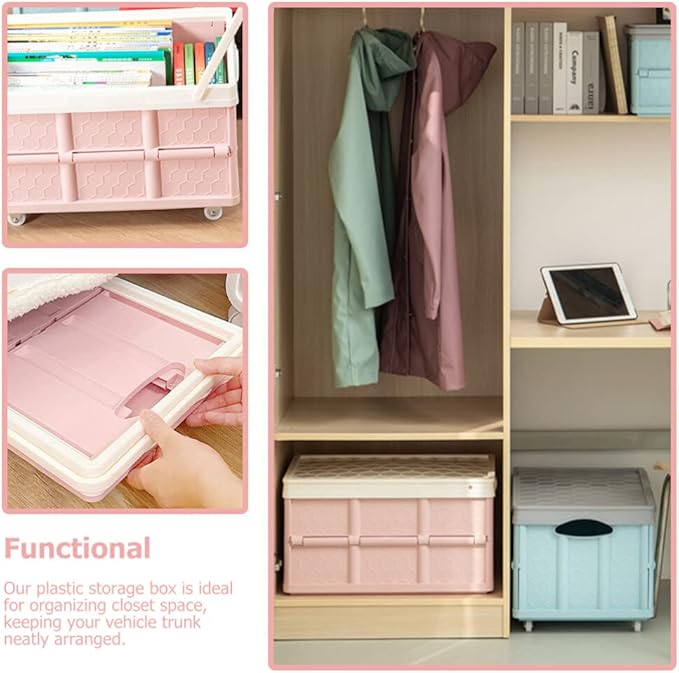 DOITOOL 2Pcs Collapsible Storage Bin with Lids Foldable Plastic Box for Clothes and Toys Large Stackable Container with Wheels Space-saving Storage for Home and Vehicle