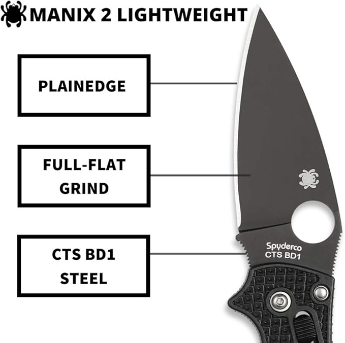 Spyderco Manix 2 Lightweight Folding Pocket Knife with 3.3 CTS BD1N Steel Blade and FRCP Handle - EDC Knife for Men and Women Perfect for Hunting Tactical Camping - PlainEdge - C101PBBK2