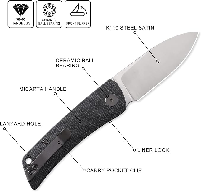Petrified fish PFE05 Flavorist3.15 K110 Satin Blade 94g Micarta Handle Front Flipper Liner lock Folding knife (Black-S)