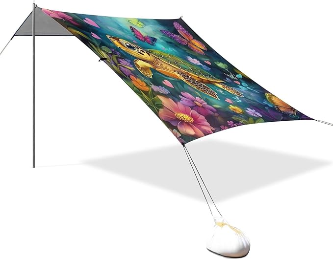 ALAZA Turtle Butterfly Beach Tent Sun Shelter UPF50+ Protection Beach Shade Canopy w/ 4 Sandbags for Outdoor Camping Fishing Backyard Fun Picnic 10x9 ft