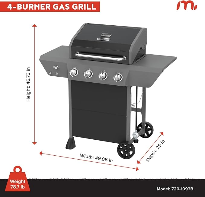 Megamaster 4-Burner Propane Gas Grill with Side Tables 44000BTUs 566.92 SQ. In. Cooking Space 2 Wheel Transport Outdoor Kitchen Grill for BBQs Backyards Tailgating and More - 720-1093B