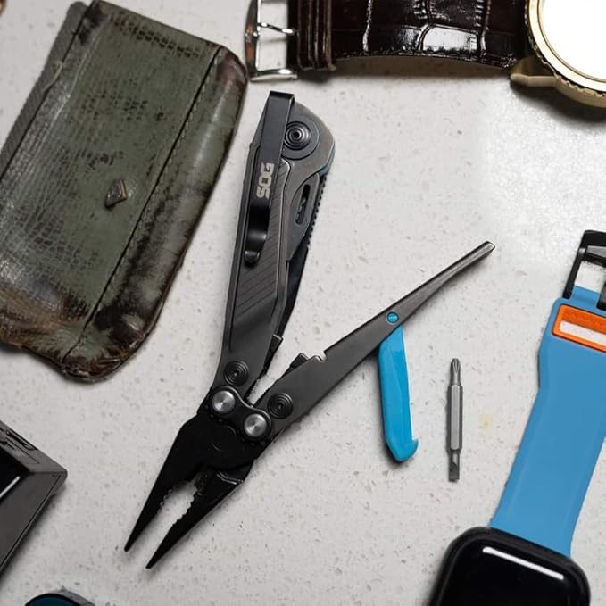 SOG Everyday Daily Solution EDC CRYO D2 Steel Compact Pocket Size Flash MT Multi-Tool 7 Tools Stainless-Steel Housing Urban Gray &amp Cyan
