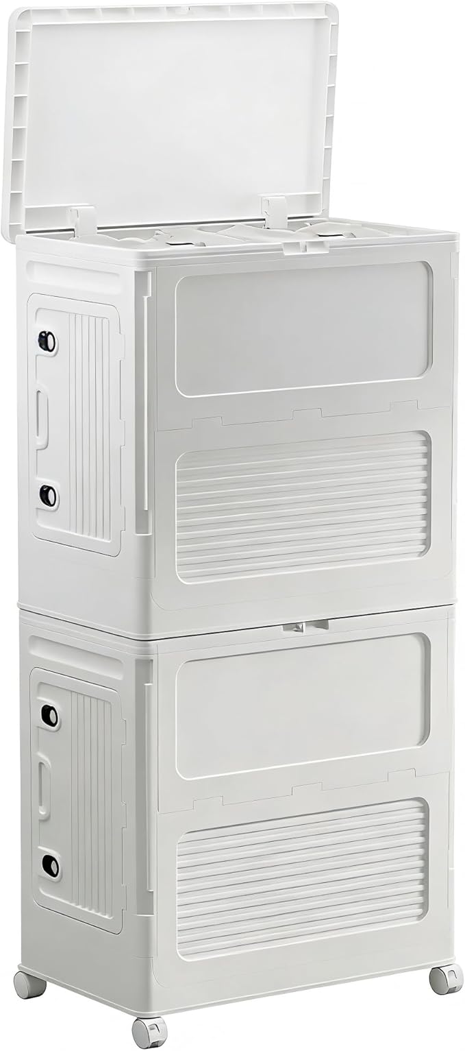56cm Wide Foldable Storage Box with Lid and Wheels Stackable 2 Tier Organizer for Living Room Bedroom Home