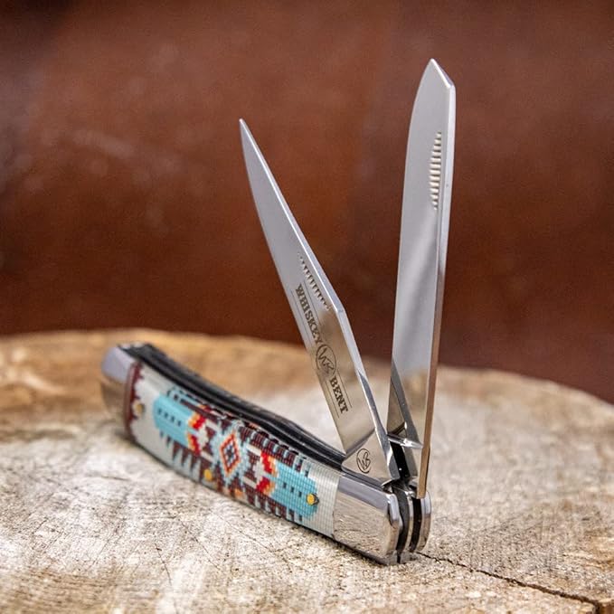 WHISKEY BENT HAT CO. Traditional Trapper Folding Pocket Knife 4.125 Closed Length 440C Stainless Steel Blades (Turquoise Bead)