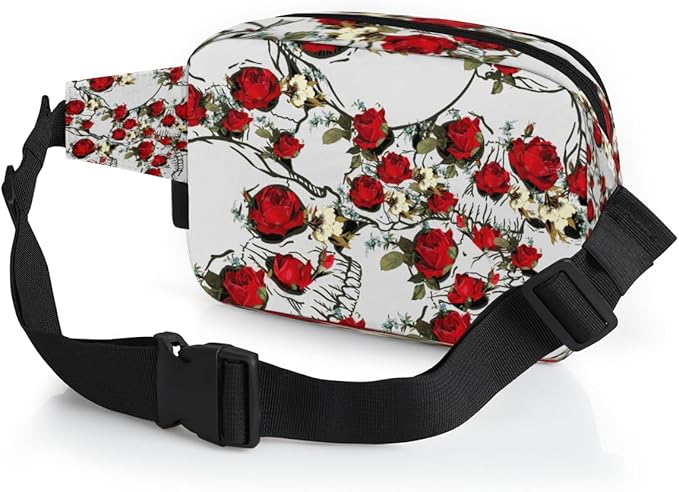 Rose Skulls Waterproof Fanny Pack for Women Men Adjustable Waist Bag with Double Zipper Pockets Lightweight Square Hip Pack for Running Travel Hiking Workout Cycling