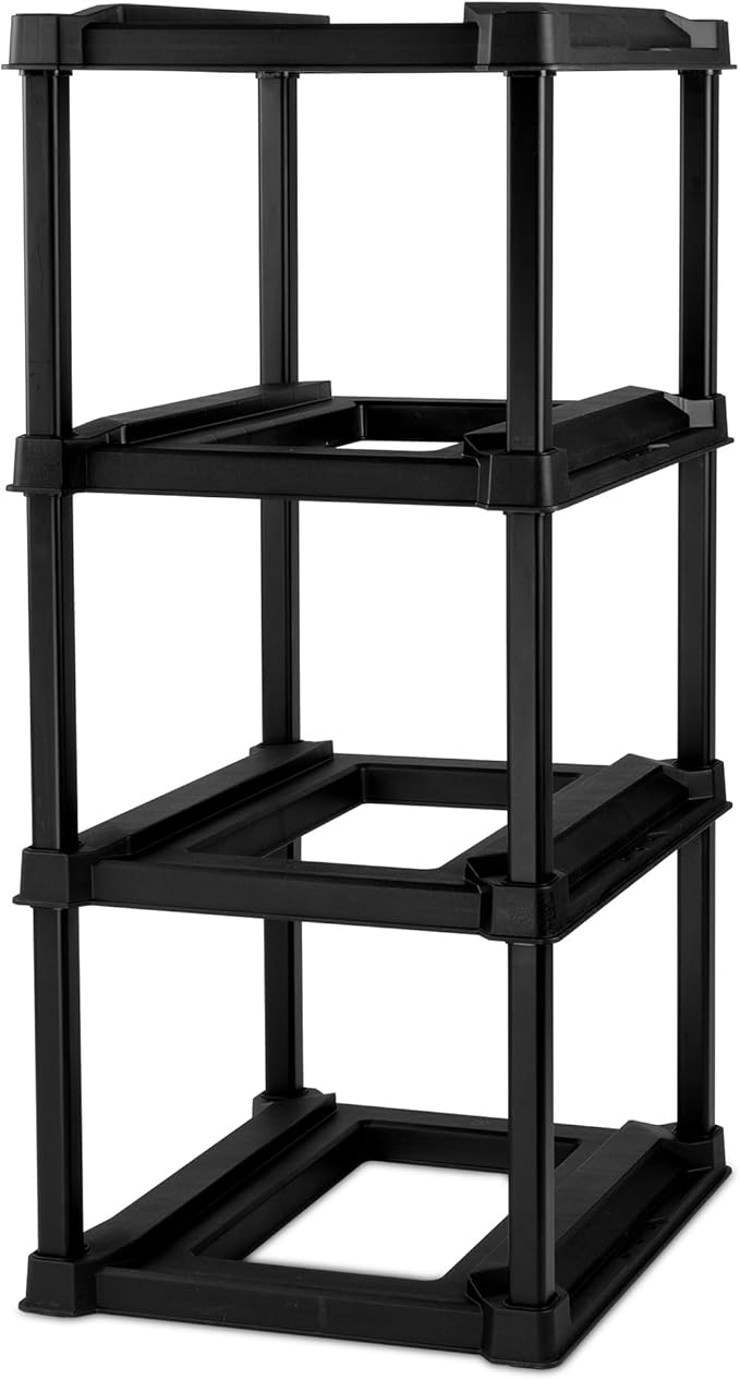 Sterilite 4 Tier Tote Rack Vertical Plastic Organizer with 4 Pack 27 Gallon Industrial Storage Totes Black - for Garages Workshops or Basements