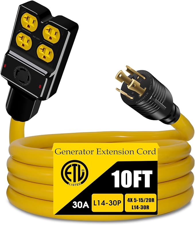 NEMA L14-30P to 4X 5-20R/5-15R&ampL14-30R Generator Adapter Extension Cord 4 Prong 30 Amp to 110VTwist Locking to 15 Amp/20 Amp Household Outlet 125/250V 7500 Watts ETL Listed (10FT)