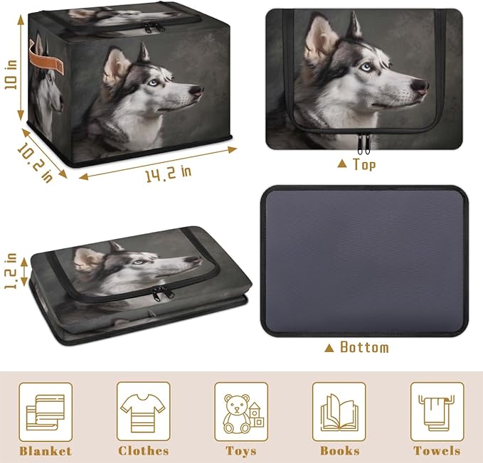 Husky Dog Storage Box with Lid Cute Pet Dog Collapsible Storage Bins Baskets Cubes Closet Shelf Clothes Organizer Containers with PU Leather Handles