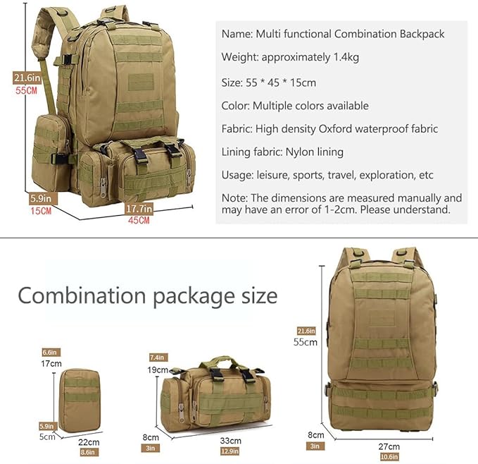 Tactical Backpack Military Army Rucksack 60L Large Assault Pack Camping Detachable Molle Bag (CP)