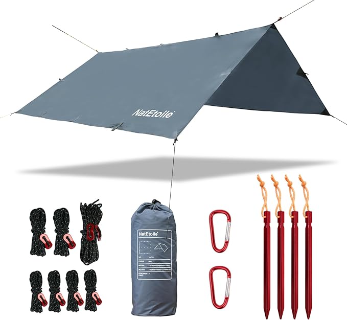 Waterproof Camping Tarp - PU5000mm Coating Rain Fly for Hammock Cover Tarp Tent Versatile with 19 tie-Outs - Portable Essential for Backpacking and Camping Gear - 10x10ft